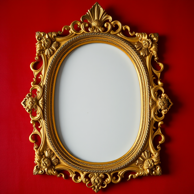 create a highly detailed vintage gold ornate picture frame set against a rich red background, captured with a Canon EOS R5, 50mm f/1.2 lens, aperture f/2.8, ISO 100, using natural soft lighting for enhanced texture and color saturation