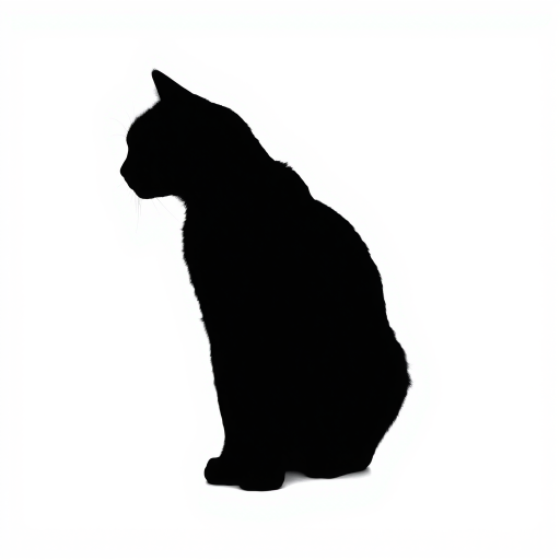 Create a high-resolution image of a silhouette of a cat with fine details, shot with a Canon EOS R5 at f/1.8, ISO 100, 50mm lens, in well-lit conditions, focused against a stark white background to emphasize the contrast and shape.