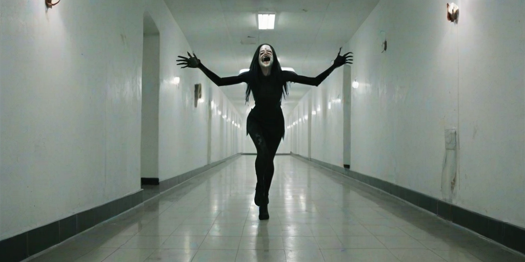 a crooked female with long arms and a creepy smile is crawling along a long white corridor and you can also see cockroaches in it there is a creepy atmosphere creepy art style
