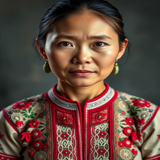 Face, shoulders, chest covered in openwork Hmong embroidery. Raw, unedited image.