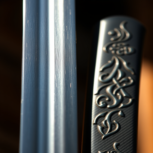 Create a detailed illustration of a samurai sword and sheath, using a Canon EOS 5D Mark IV camera with a 50mm f/1.8 lens, in a close-up view, emphasizing sharpness and contrast in bright daylight to enhance the metal's sheen and the intricate designs on the sheath.