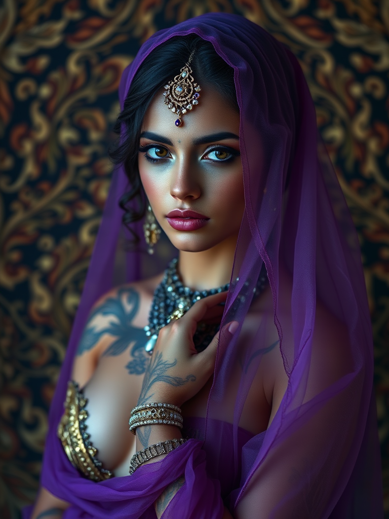 Create a highly detailed portrait of a woman with intricate body art and jewelry, draped in a flowing purple veil, against a richly textured, ornate background, captured with a Canon EOS R5, 85mm f/1.2 lens, aperture set to f/1.2, ISO 100, soft natural lighting for enhanced depth and sharpness.