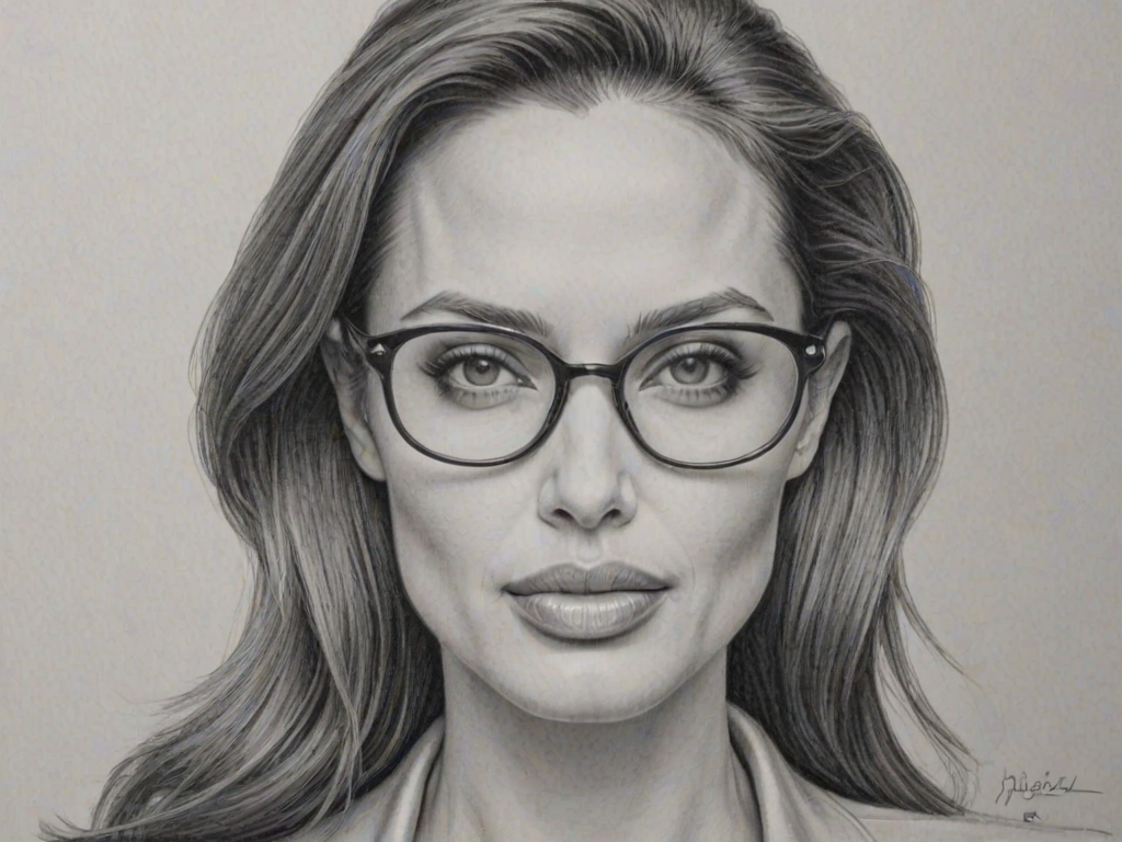 Magnificent Angelina Jolie, pencil sketch, portrait of Fascinating woman 1954s in glasses, hair style beatnik, outline, clear lines, fine lines, 8k