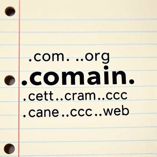 Create an image featuring various domain extensions like .com, .org, .net, .biz, .me, .name, .cc, and .web on a textured lined notebook background, use a DSLR camera with a 50mm lens at f/1.8, ISO 100, and a shallow depth of field for enhanced clarity and focus on the text.