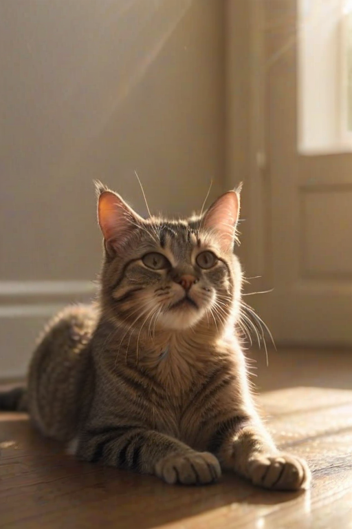 Softly focused close-up of a cat stretching out in a sunbeam on a hardwood floor, its fur gently illuminated by the soft light, with dust particles dancing in the air and a faint purring sound almost audible.
