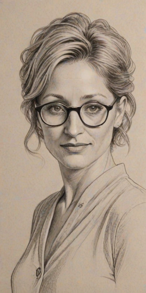 Pleasing Edie Falco, pencil sketch, portrait of Fetching woman 1925s in glasses, hair style beatnik, outline, clear lines, fine lines, 8k