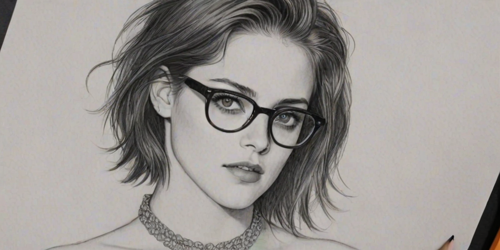 Alluring Kristen Stewart, pencil sketch, portrait of Exquisite woman 1966s in glasses, hair style beatnik, outline, clear lines, fine lines, 8k