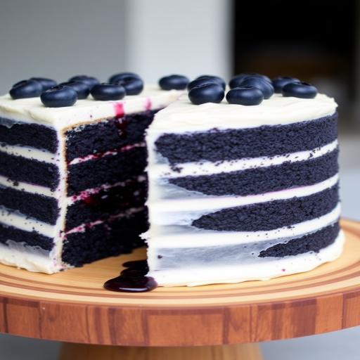A beautifully layered cake with dark blue sponge cake and creamy frosting visible from the cut side, topped with fresh blueberries, placed on a wooden cake stand, with some berry filling oozing out slightly.