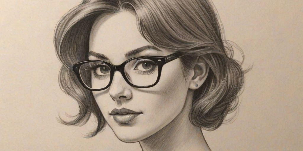 Captivating Maddie Baillio, pencil sketch, portrait of Attractive woman 1966s in glasses, hair style beatnik, outline, clear lines, fine lines, 8k