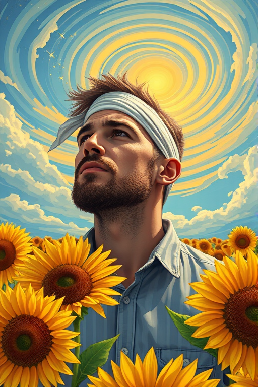 Create a vibrant digital illustration of a man with a bandaged head in a sunflower field under a swirling sky, using a Canon EOS R5, 50mm lens, f/1.8 aperture, ISO 200, and 1/200s shutter speed for sharp details and vivid colors.