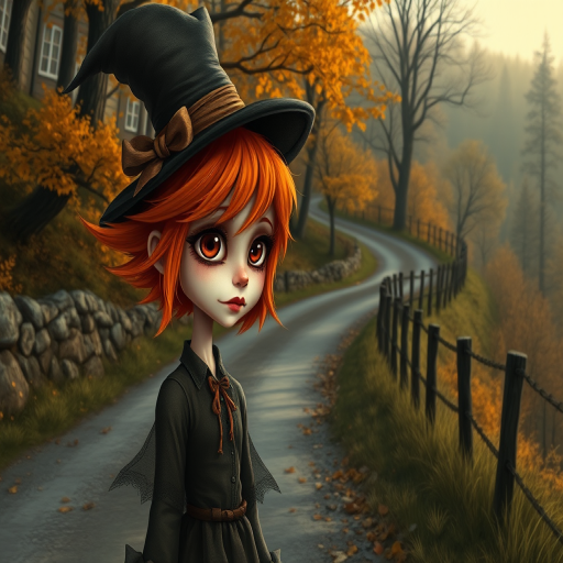 digital art fantasy depicting a strange girl with orange hair, long eyelashes, brown lipstick and a tall hat walking along a winding road on an autumn afternoon, an Oyster smiles as she passes