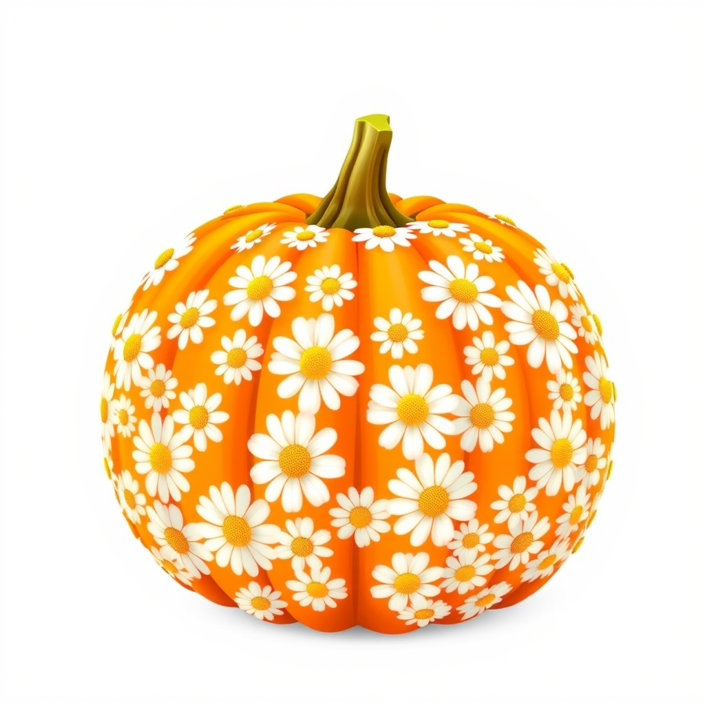a whimsical orange pumpkin with white daises pattern covering the pumpkin. Solid white background sublimation vector 3000dpi 32k