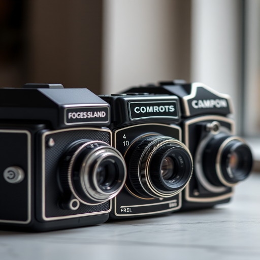 Create a high-resolution image of three vintage cameras side by side with a blurred background, shot with a Canon EOS 5D Mark IV at f/2.8, ISO 100, and 1/125 shutter speed, using natural lighting for enhanced detail and clarity.