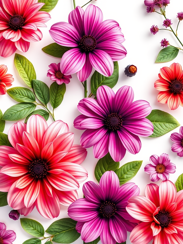 Create a vibrant and detailed floral illustration featuring pink, purple, and orange flowers with green leaves on a soft white background, using a DSLR camera, f/2.8 aperture, 50mm lens, and natural lighting to enhance colors and details.