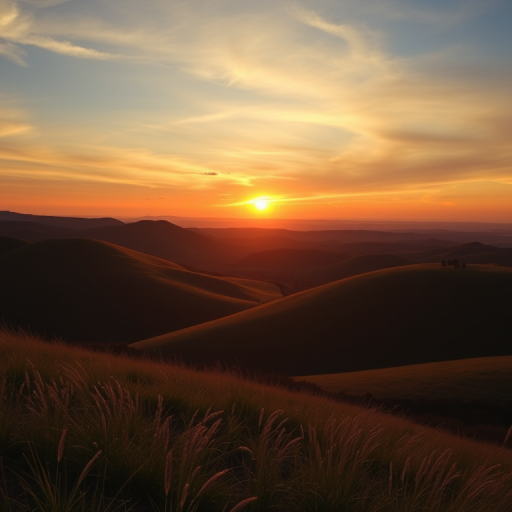 Generate a high-resolution image of a serene landscape featuring rolling hills and a vibrant sunset, shot with a Canon EOS R5, 24mm lens, f/8 aperture, ISO 100, at a golden hour for optimal lighting and colors.