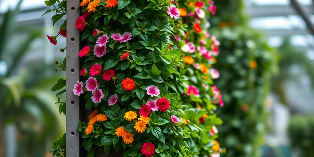 Create a high-quality image of a vertical garden tower filled with lush green plants and vibrant flowers, using a DSLR camera with a 50mm lens at f/2.8, ISO 100, and a soft focus background to enhance the subject, shot from a slight low angle for a dynamic view.