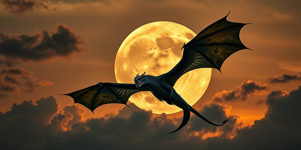 dragon flying in front of a giant moon, dramatic lighting, high contrast, detailed scales, cloudy sky, sunset hues, captured with a DSLR camera, f/2.8 aperture, ISO 100, 35mm lens, shot from a low angle, in portrait orientation, using HDR technique for enhanced detail and color saturation