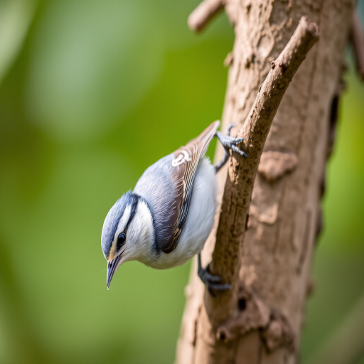 Capture a close-up shot of a nuthatch perched on a tree branch with a blurred background, using a DSLR camera with a 85mm lens, aperture f/2.8, ISO 200, and a shutter speed of 1/200 sec, in natural light to enhance detail and color vibrancy.