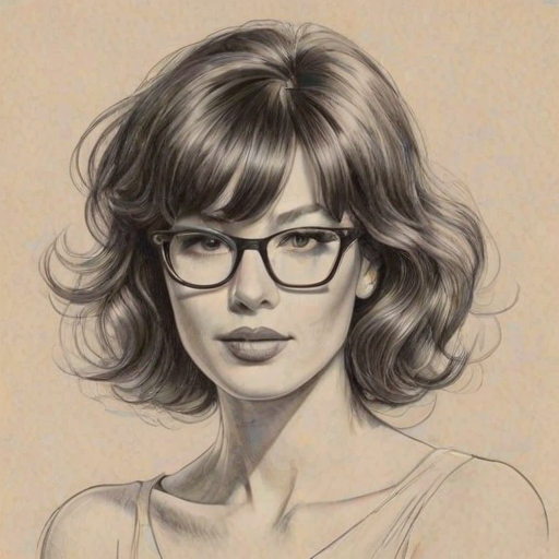 Fascinating Paz de la Huerta, pencil sketch, portrait of Enchanting woman 1957s in glasses, hair style beatnik, outline, clear lines, fine lines, 8k