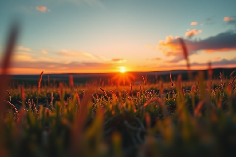 Capture a vibrant landscape scene during golden hour with a shallow depth of field, ISO 100, f/2.8, 1/200s, using a DSLR camera with a 50mm lens, shot from a low angle for dramatic perspective and rich colors.