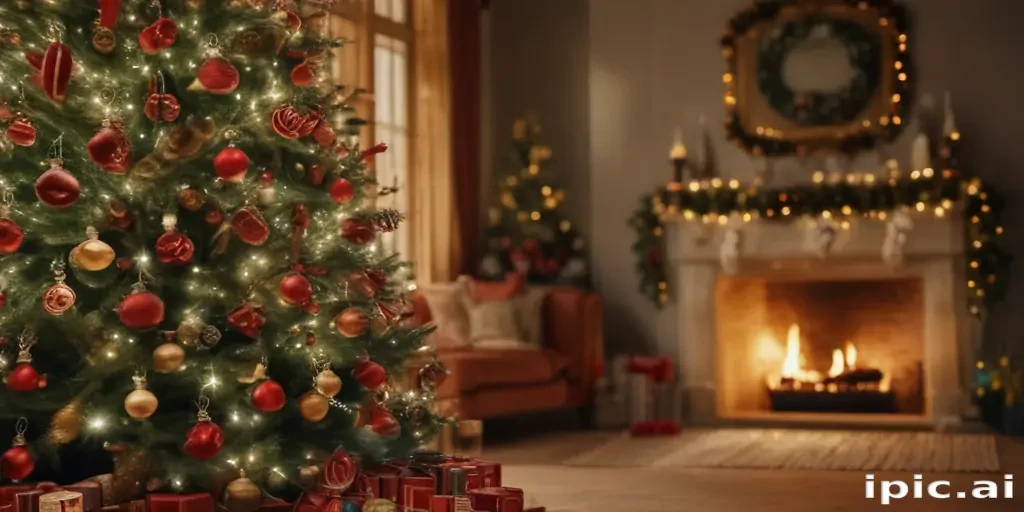 Cozy Holiday Living Room with Beautifully Decorated Christmas Tree and Fire