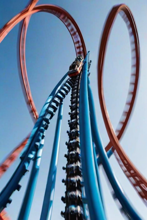 Blurry, high-speed image of a rollercoaster mid-loop, riders' faces filled with a mix of fear and excitement, the bright blue sky in the background, distant screams of other riders, shadows cast by the towering metal structure.