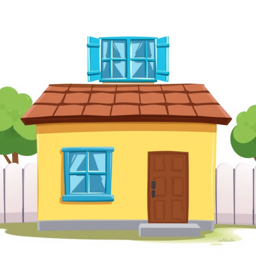 Generate a high-quality illustration of a simple cartoon house with a yellow exterior, a brown roof, two blue windows, and a brown door, using a digital painting style, soft lighting, 50mm lens, f/2.8 aperture, and 300 dpi resolution.