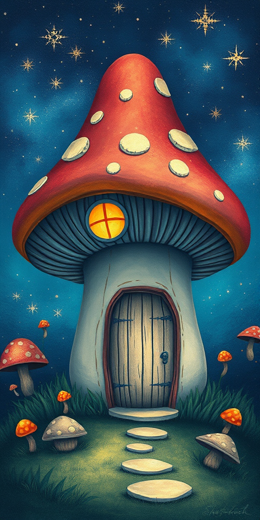 this picture is illustration of a mushroom house with a door and a window, a storybook , fantasy art, mushroom house, bg starry sky, sparkles