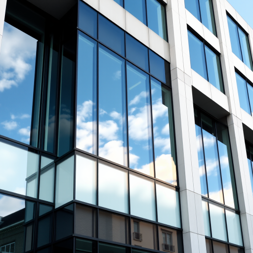 Create an image of a modern building facade featuring large glass windows reflecting the sky. The design should incorporate sleek lines and a combination of light and dark materials, emphasizing a contemporary architectural style. The focus should be on the arrangement and symmetry of the windows, capturing the interplay of light and shadows.