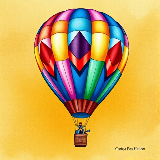 Create a vibrant watercolor illustration of a hot air balloon with a colorful geometric pattern, set against a textured golden background, using a DSLR camera with a 50mm lens, f/2.8 aperture, ISO 100, shot from a low angle perspective to emphasize the balloon's height and detail.