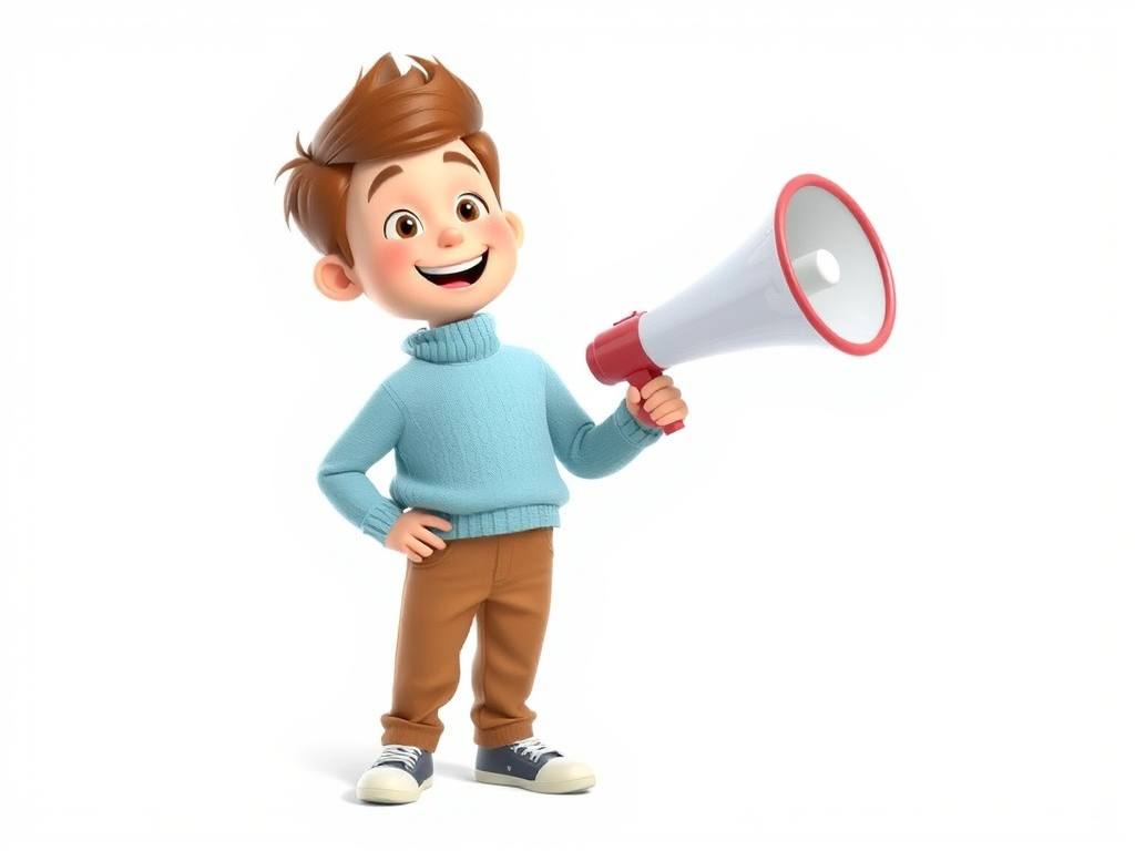 Create a 3D illustration of a cheerful cartoon boy with brown hair holding a megaphone, wearing a light blue sweater and brown pants, standing on a plain white background, using a Canon EOS 5D Mark IV with an aperture of f/4, ISO 100, at a 35mm focal length and a soft focus effect.