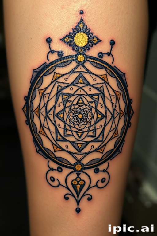 Fibonacci spiral tattoo incorporating sacred geometry elements, golden ratio proportions highlighted in metallic gold ink accents
