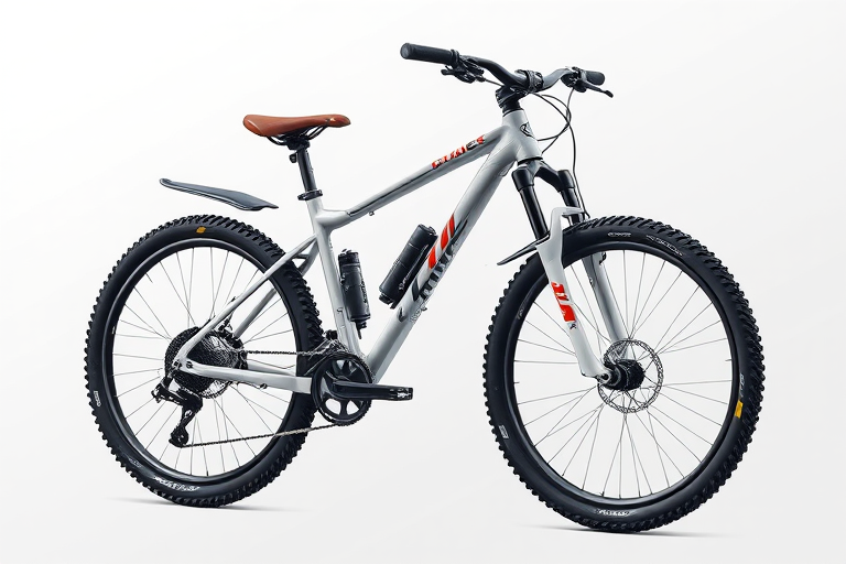 Create a high-resolution illustration of a modern mountain bike in a side view, using a DSLR camera at f/8 aperture, 35mm focal length, with a slightly elevated angle, soft lighting for enhanced details and textures.