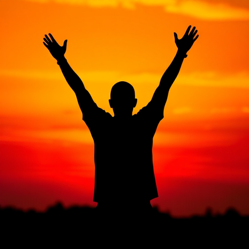 Generate a high-resolution image of a black silhouette of a standing person with arms raised against a vibrant sunset backdrop, using a DSLR camera with a 50mm lens, aperture set to f/2.8, ISO 100, 1/200 sec shutter speed, shot at eye level, with a focus on dramatic contrast and color saturation.