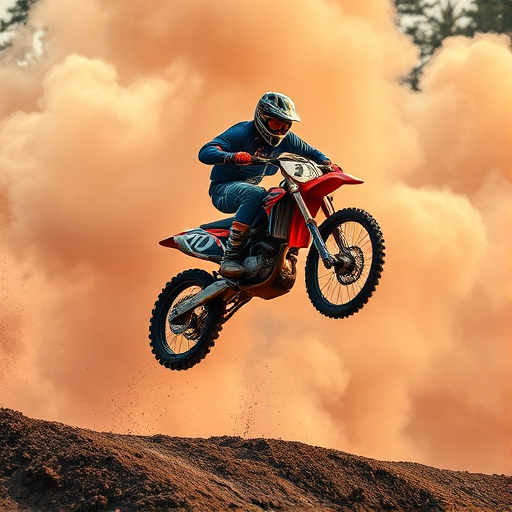 Create an action-packed image of a motocross rider performing a jump with dynamic smoke effects in the background, shot with a DSLR camera at 1/500s shutter speed, f/2.8 aperture, ISO 400, from a low angle perspective to emphasize the height and excitement of the jump, using a wide-angle lens for a dramatic effect.