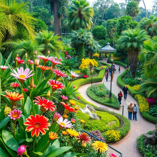 Beautiful botanical garden with exotic flowers in bloom, visitors strolling along winding paths, and a sense of tranquility filling the air.