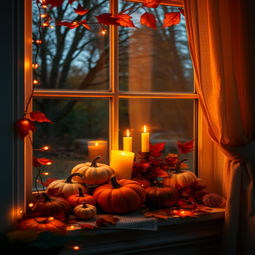 Cozy autumn scene with a window view decorated with warm fairy lights pumpkins and candles glowing softly on a windowsill surrounded by autumn leaves and a gentle curtain draping in the breeze