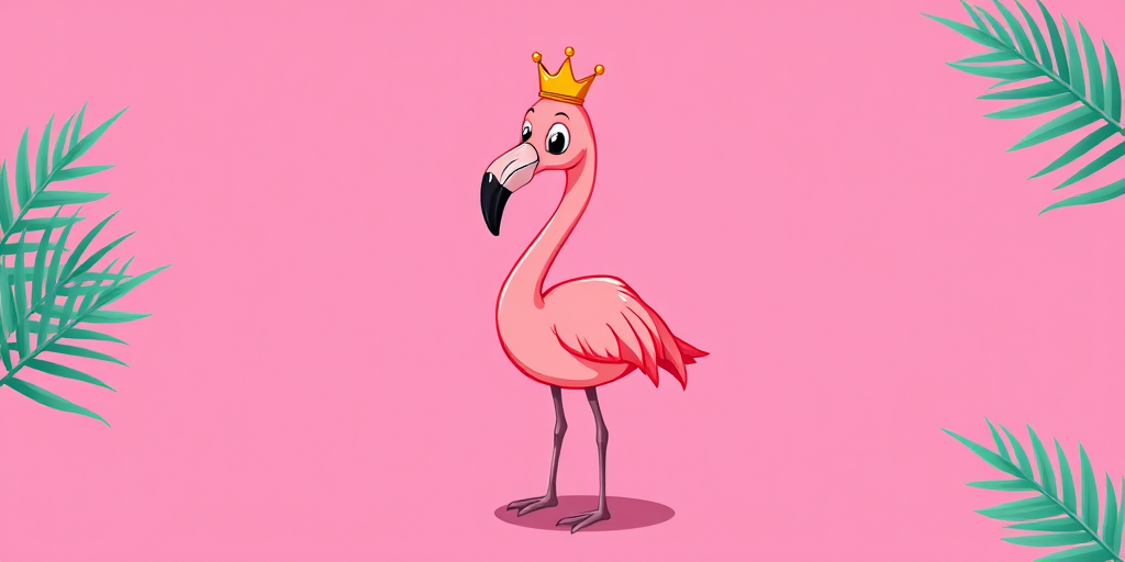 Create a vibrant illustration of a cartoon flamingo with a small crown, centered on a solid pink background, using a digital art style, 24 MP resolution, shot with a Canon EOS R5, f/4 aperture, 1/125 sec shutter speed, and ISO 100 for optimal clarity and color enhancement.