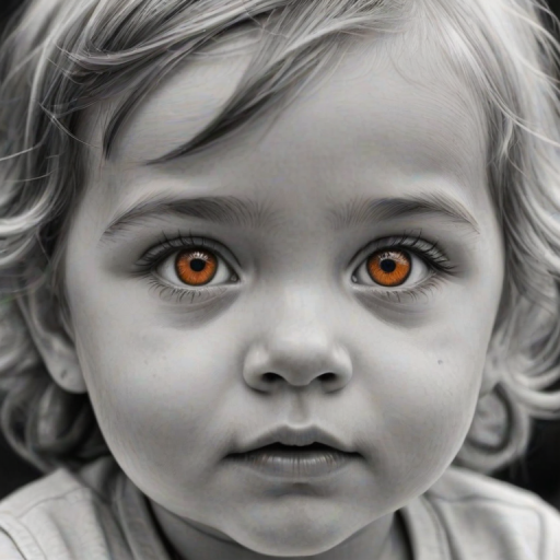 A hyperdetailed photorealistic black and white sketch of a beautiful toddler with deep orange eyes, with a macro focus