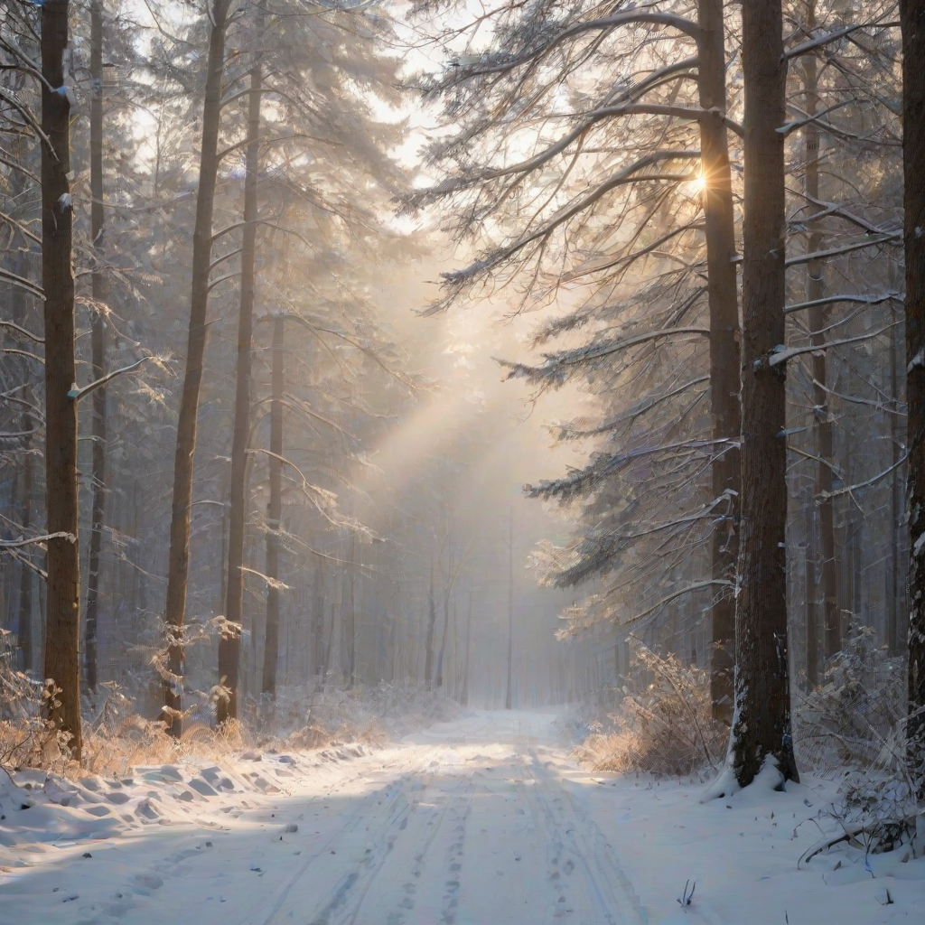 capture a serene winter forest landscape with mist rolling over snow-covered trees using a Canon EOS 5D Mark IV, 50mm lens, aperture f/8, ISO 100, shutter speed 1/200s, golden hour soft light, shallow depth of field for atmospheric effect