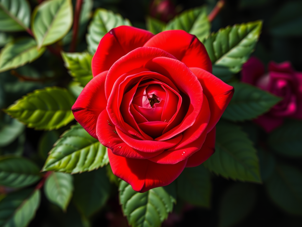 Create a vibrant digital illustration of a red rose with detailed petals and lush green leaves in a top-down view, using a Canon EOS R5 camera with a 50mm f/1.8 lens, aperture set to f/2.8 for a shallow depth of field, and bright, diffused lighting for enhanced colors and contrast.