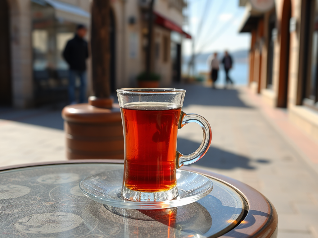 A glass of TurkishTea on a coffee table on the sideway near Bosphorus in Istanbul