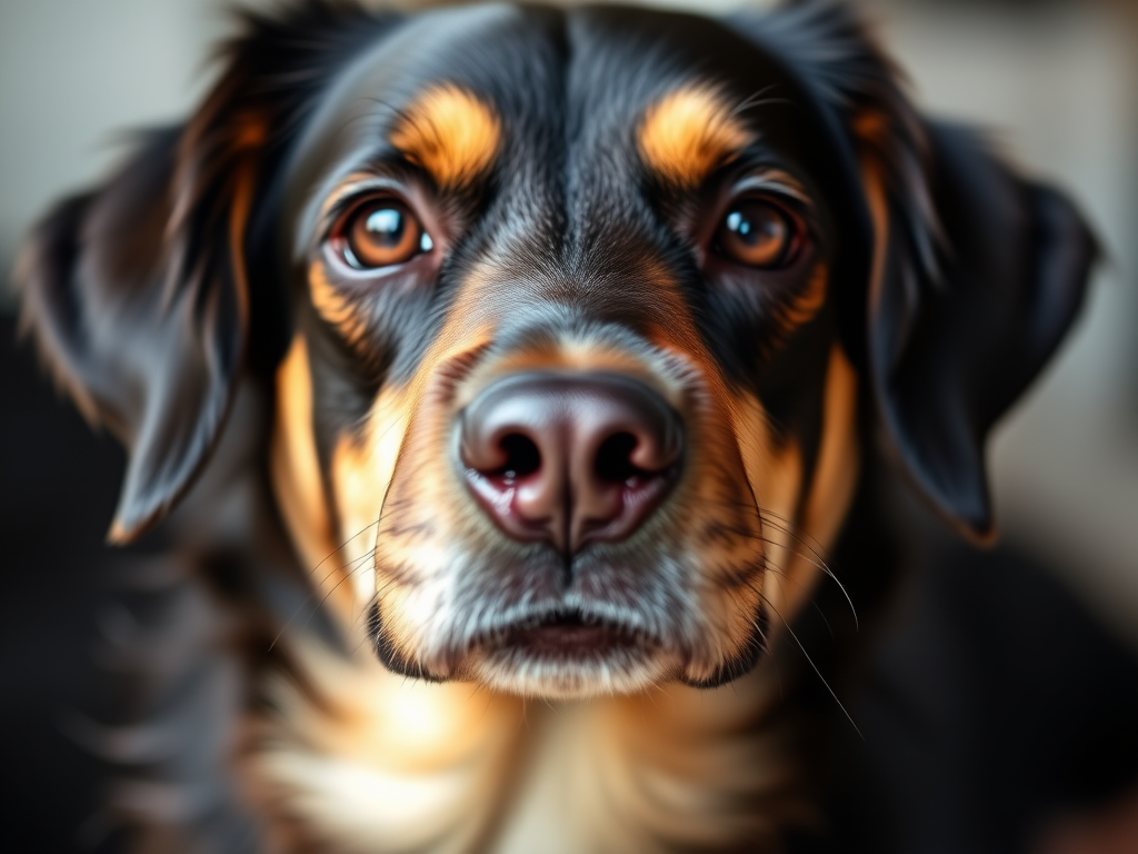 regenerate image of a close-up of a black and tan dog with bright eyes, using a DSLR camera with a 50mm lens, aperture f/1.8 for a shallow depth of field, ISO 200, shutter speed 1/200 sec, natural lighting to enhance details and colors, focus on the dog's facial features and expression.