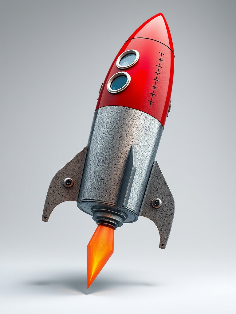 High-resolution illustration of a rocket, featuring detailed metallic textures, shot with a DSLR camera at f/8 aperture, 50mm lens, in a well-lit studio setting to emphasize features and clarity.