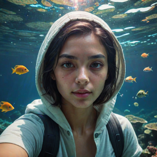 Realistic selfie image of a Singaporean, wearing a vintage outfit, detailed dreamy eyes, droopy hooded eyes, staring at the camera, taken underwater at coral reef with a sunbeam filtering through the water, vibrant, summer vacation, natural lighting, turtle and school of tropical fish with vibrant colors, rendered in the style of CryEngine, Pegi Nicol MacLeod, with realistic genre scenes, hauntingly beautiful narratives, ultra-realism, and Thomas Saliot's close-up technique, 8K resolution, crystal clear and sparkling water.