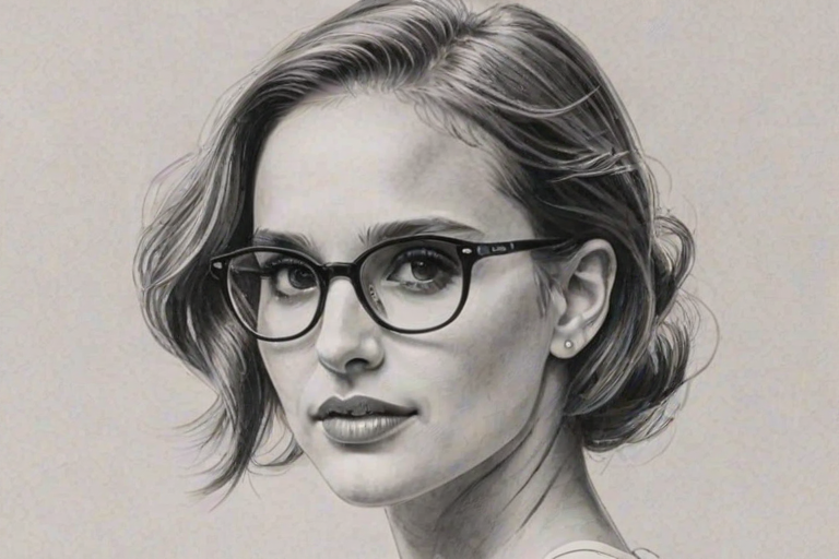 Comely Natalie Portman, pencil sketch, portrait of Radiant woman 1971s in glasses, hair style beatnik, outline, clear lines, fine lines, 8k