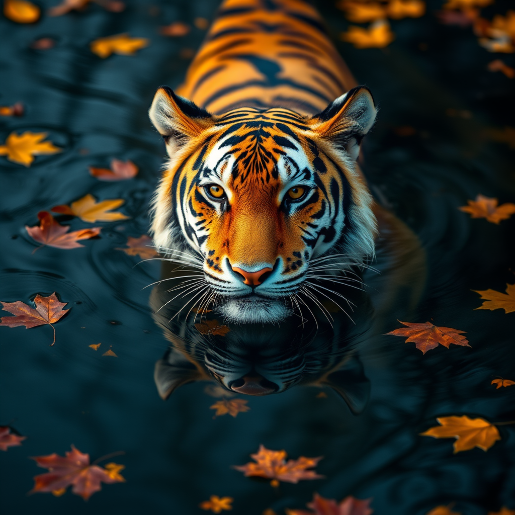 A close-up of a tiger swimming in a calm, reflective body of water surrounded by autumn leaves, captured with a Canon EOS R5, 85mm lens, f/1.8 aperture, ISO 200, shutter speed 1/250s, natural lighting, and vibrant colors.