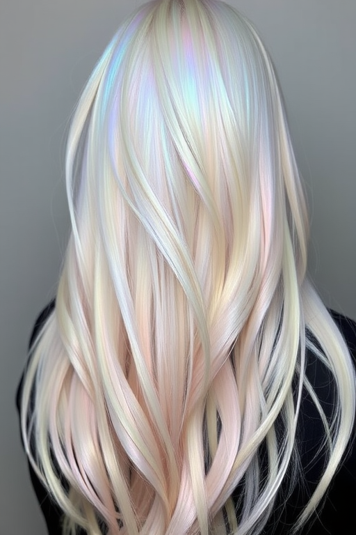 Iridescent opal hair shimmering with subtle pastel hues, Pearl's locks reflect light in a mesmerizing display of color, featuring a long, sleek style that showcases the multifaceted beauty of the gemstone