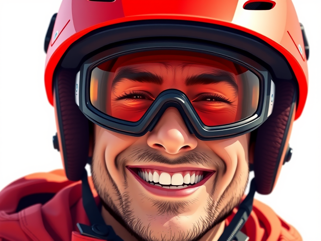 Create a high-resolution digital illustration of a smiling man in a bright red helmet and goggles, captured in a close-up view, using a Canon EOS R5 camera, with a 50mm lens, at f/1.8 aperture, ISO 100, 1/200 sec shutter speed, with vibrant colors and a clean background to enhance image quality.