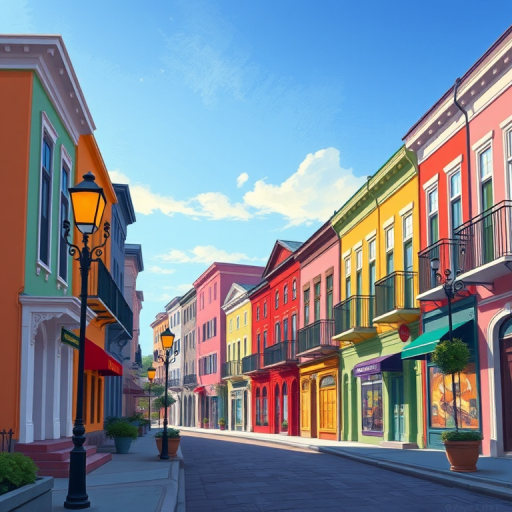 create a vibrant digital illustration of a charming street lined with colorful historic buildings, with street lamps in the foreground, soft morning light, 35mm lens, f/8 aperture, ISO 100, wide angle view, using a digital painting style